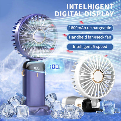 Portable Neck Hanging Fan with LED Display and Stand